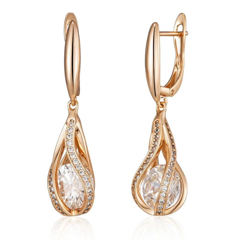 Tasteful Natural Zircon Long Dangle Earrings in 585 Rose Gold Luxury Design