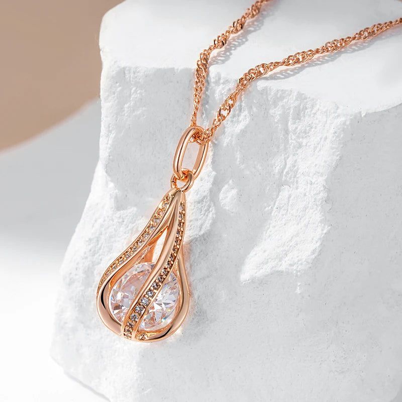 Tasteful Natural Zircon Rose Gold Pendant Necklace - Luxury Vintage Jewelry