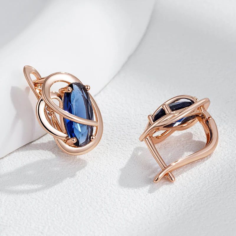 Tasteful Oval Blue Natural Zircon Dangle Earrings in Luxurious Rose Gold Finish