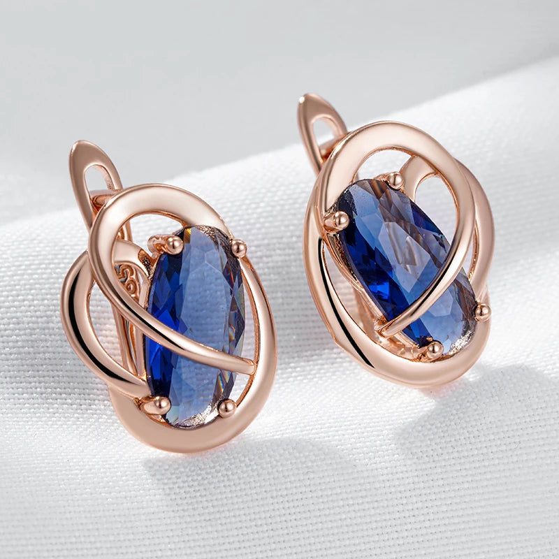 Tasteful Oval Blue Natural Zircon Dangle Earrings in Luxurious Rose Gold Finish