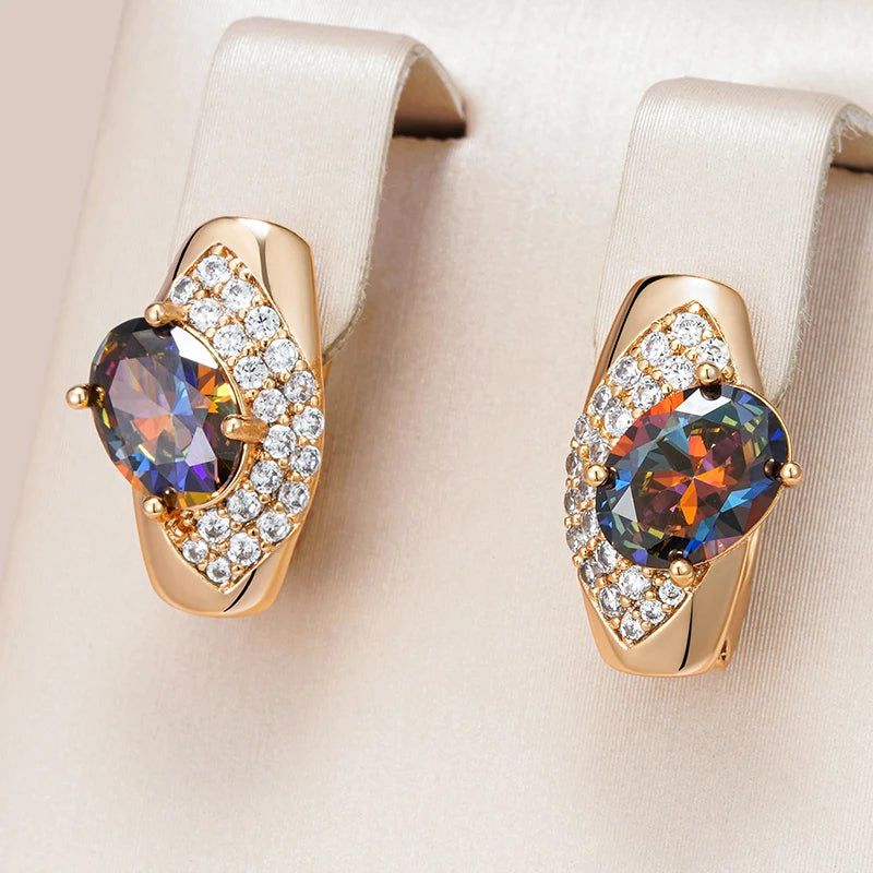 Tasteful Oval Cut Colorful Zircon Drop Earrings in 585 Rose Gold Finish