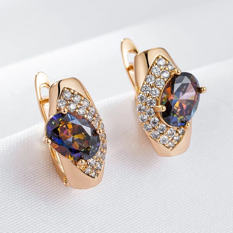 Tasteful Oval Cut Colorful Zircon Drop Earrings in 585 Rose Gold Finish