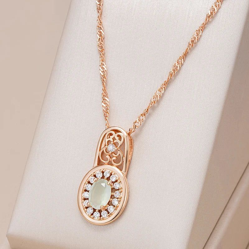 Tasteful Oval Emerald Pendant Necklace with Natural Zircon in Rose Gold Finish