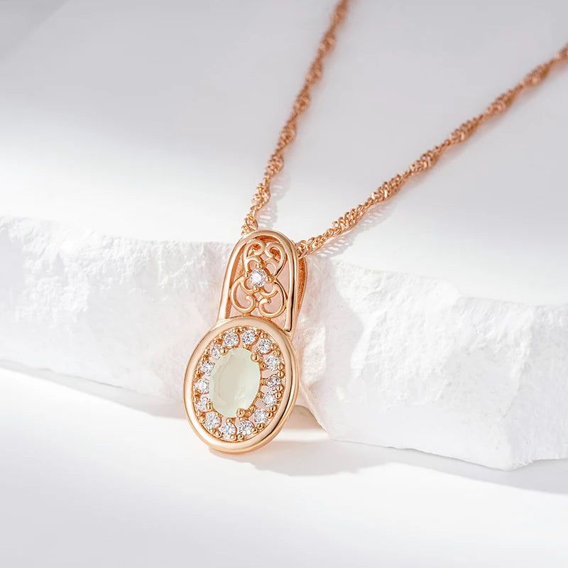 Tasteful Oval Emerald Pendant Necklace with Natural Zircon in Rose Gold Finish