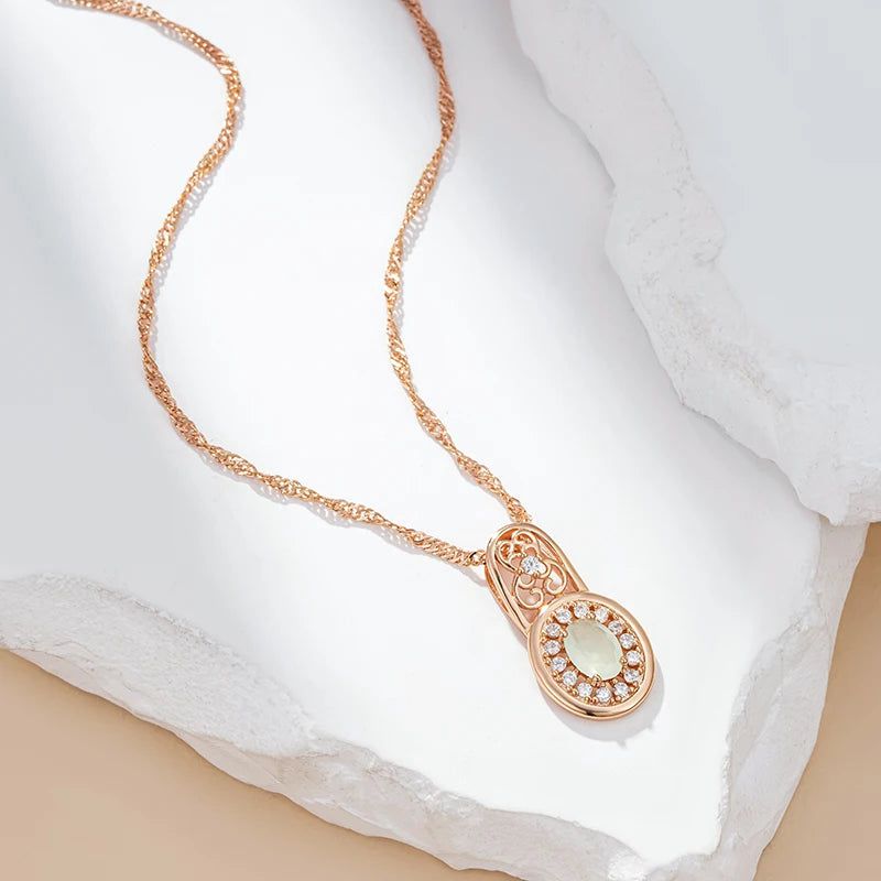 Tasteful Oval Emerald Pendant Necklace with Natural Zircon in Rose Gold Finish