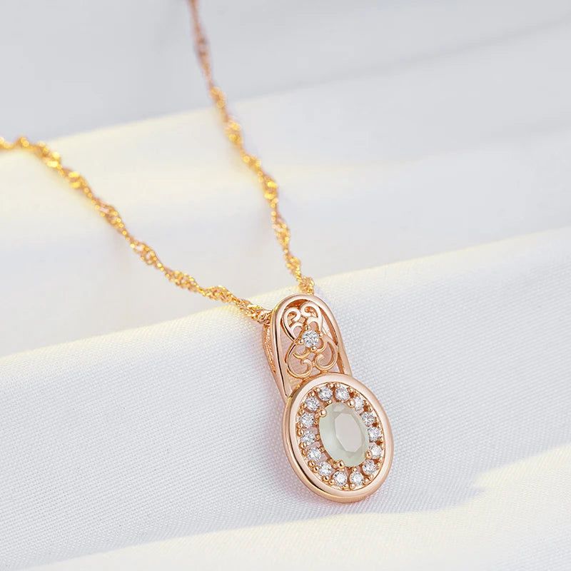 Tasteful Oval Emerald Pendant Necklace with Natural Zircon in Rose Gold Finish