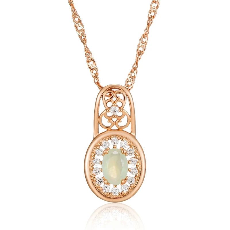 Tasteful Oval Emerald Pendant Necklace with Natural Zircon in Rose Gold Finish