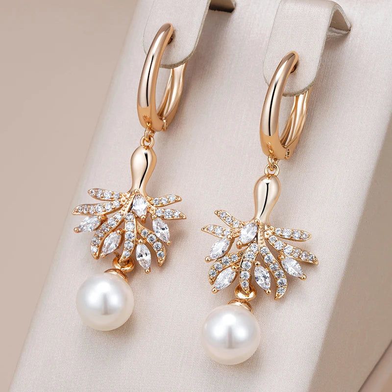 Tasteful Pearl Blossom Drop Earrings in 585 Rose Gold with Natural Zircon