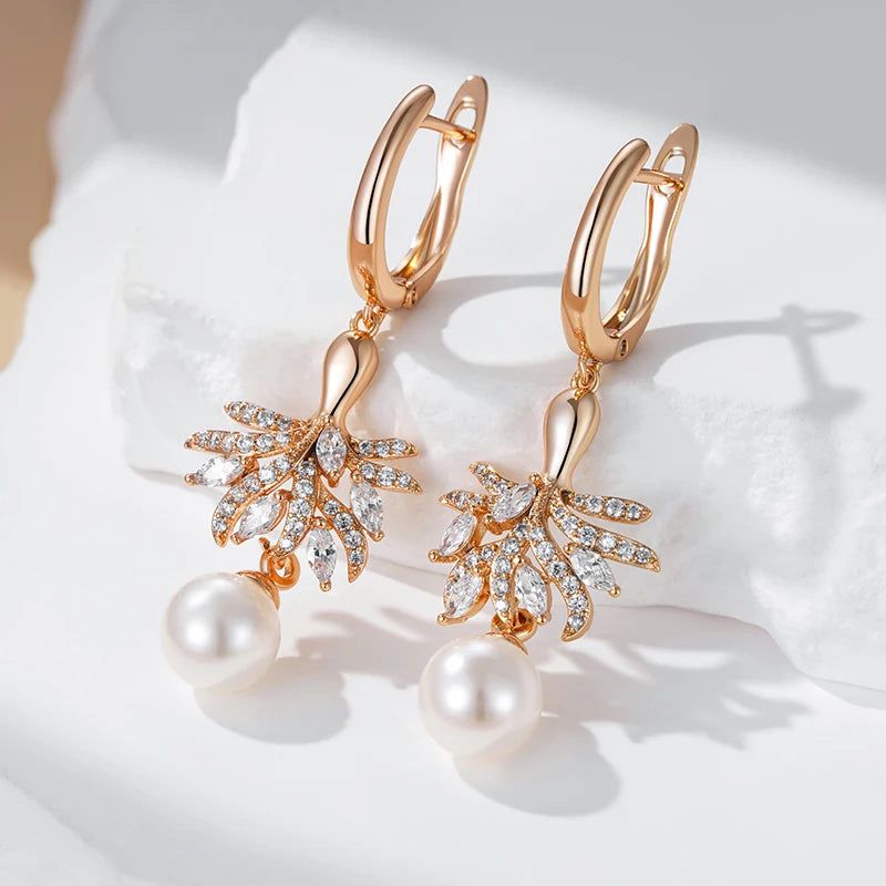 Tasteful Pearl Blossom Drop Earrings in 585 Rose Gold with Natural Zircon