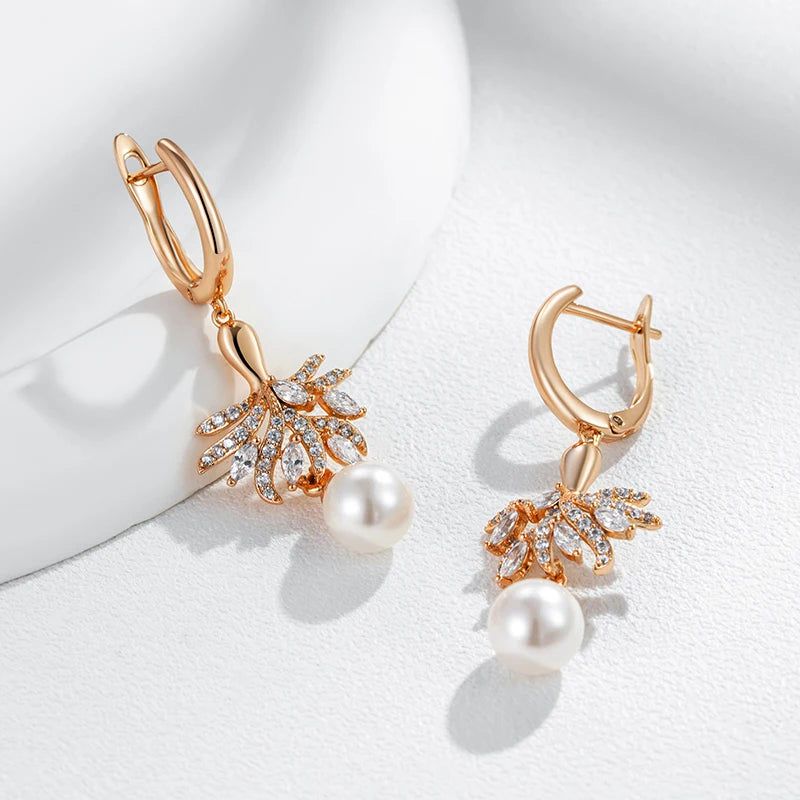 Tasteful Pearl Blossom Drop Earrings in 585 Rose Gold with Natural Zircon