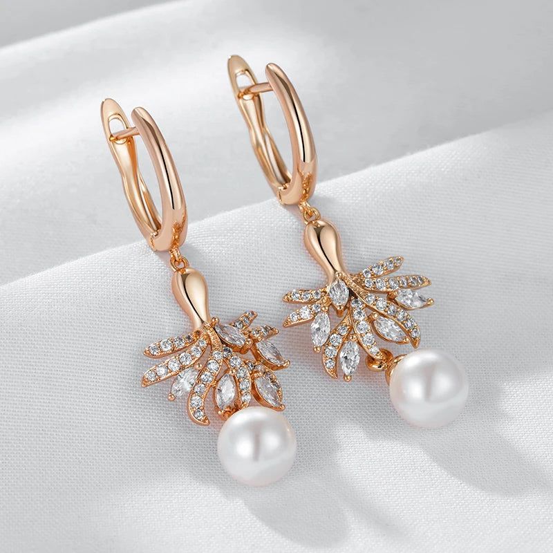 Tasteful Pearl Blossom Drop Earrings in 585 Rose Gold with Natural Zircon