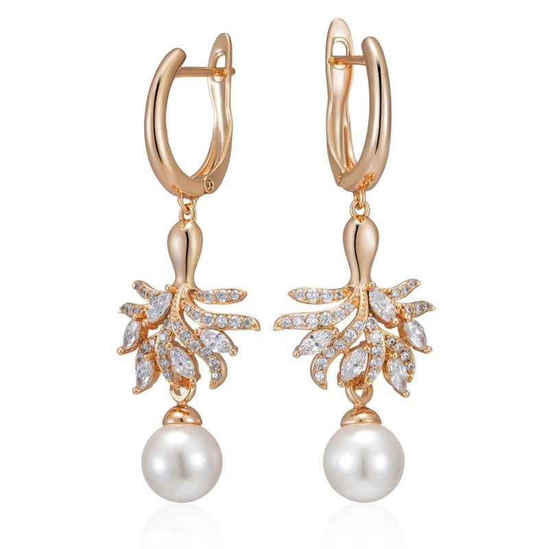 Tasteful Pearl Blossom Drop Earrings in 585 Rose Gold with Natural Zircon