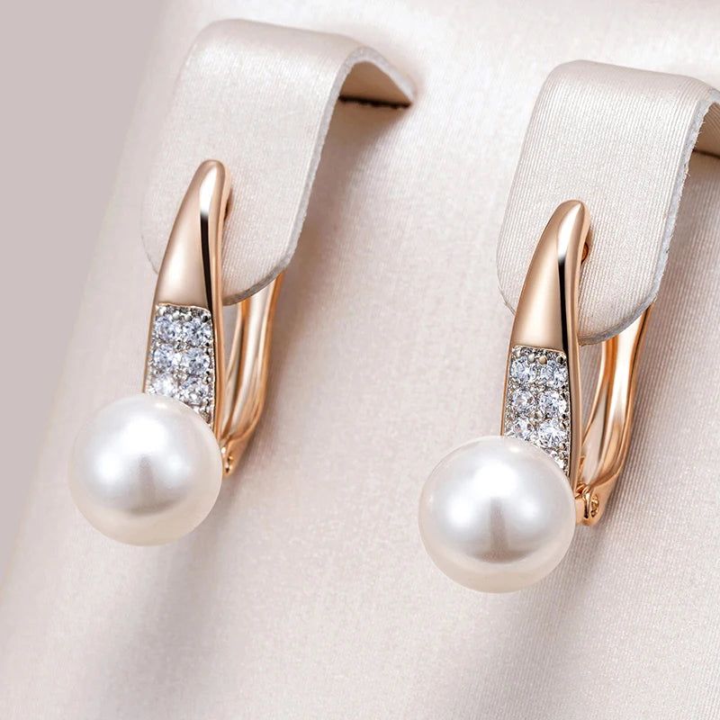 Tasteful Pearl Drop Earrings in 585 Rose Gold and Silver with White Zircon Accents