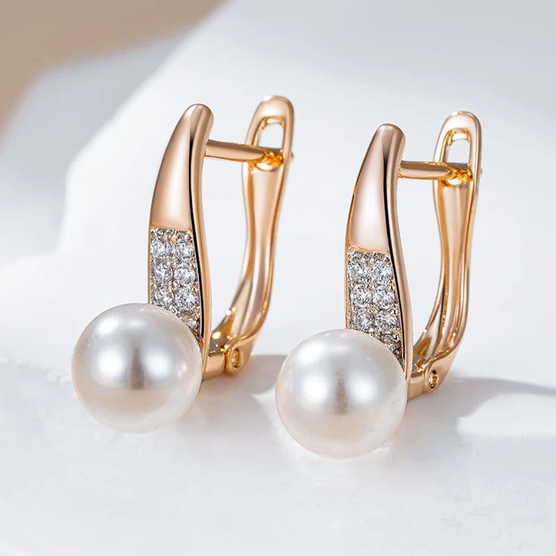 Tasteful Pearl Drop Earrings in 585 Rose Gold and Silver with White Zircon Accents