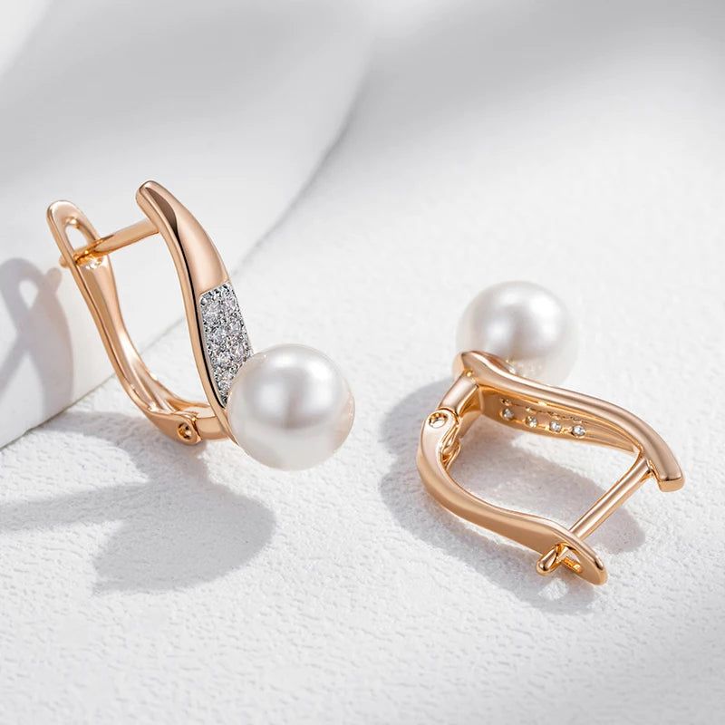 Tasteful Pearl Drop Earrings in 585 Rose Gold and Silver with White Zircon Accents