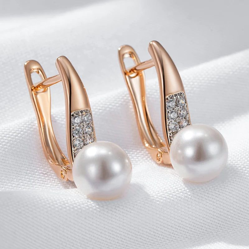 Tasteful Pearl Drop Earrings in 585 Rose Gold and Silver with White Zircon Accents