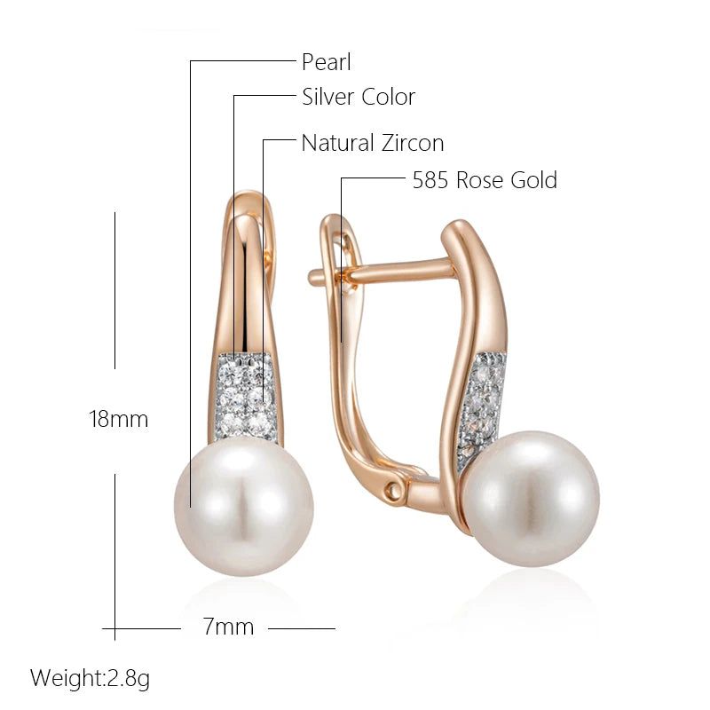 Tasteful Pearl Drop Earrings in 585 Rose Gold and Silver with White Zircon Accents