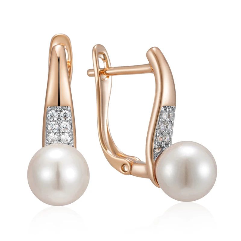 Tasteful Pearl Drop Earrings in 585 Rose Gold and Silver with White Zircon Accents