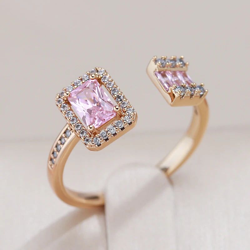 Tasteful Pink Square Zircon Open Ring in Luxurious 585 Rose Gold