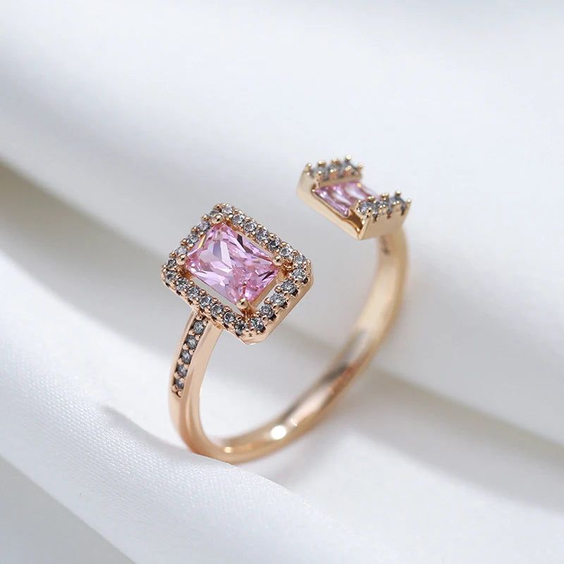 Tasteful Pink Square Zircon Open Ring in Luxurious 585 Rose Gold