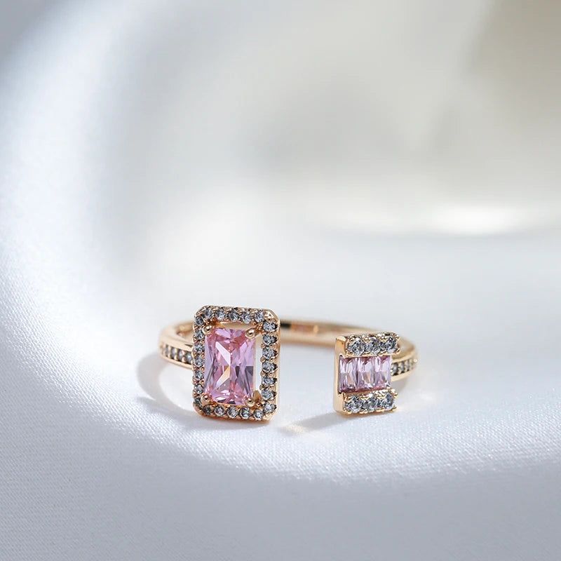 Tasteful Pink Square Zircon Open Ring in Luxurious 585 Rose Gold