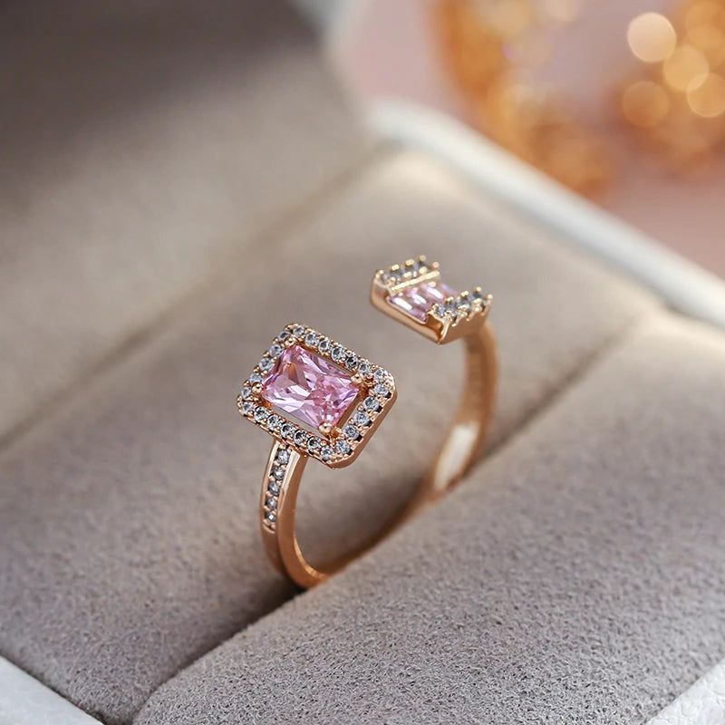 Tasteful Pink Square Zircon Open Ring in Luxurious 585 Rose Gold