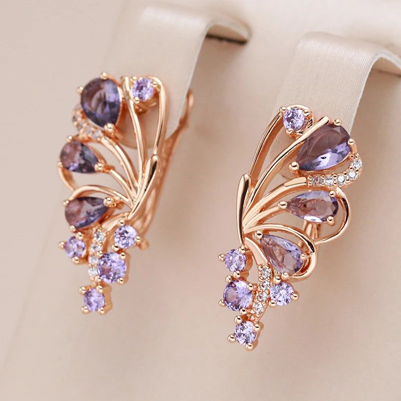 Tasteful Purple Butterfly Drop Earrings with Natural Zircon and 585 Rose Gold Finish