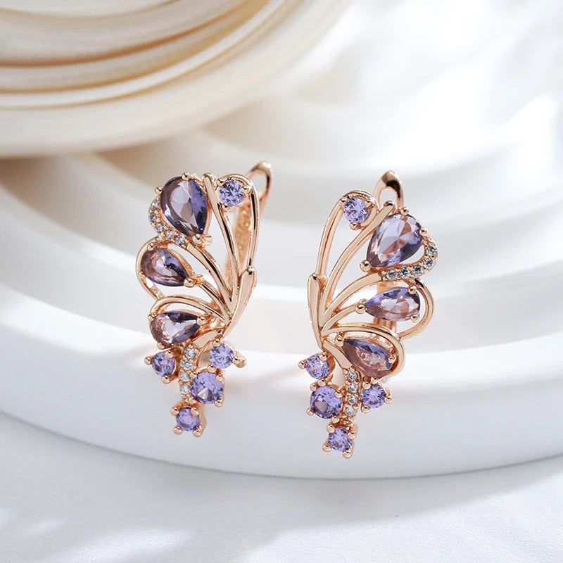 Tasteful Purple Butterfly Drop Earrings with Natural Zircon and 585 Rose Gold Finish