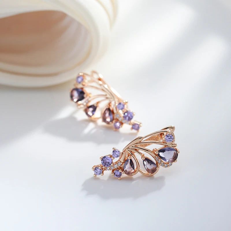 Tasteful Purple Butterfly Drop Earrings with Natural Zircon and 585 Rose Gold Finish