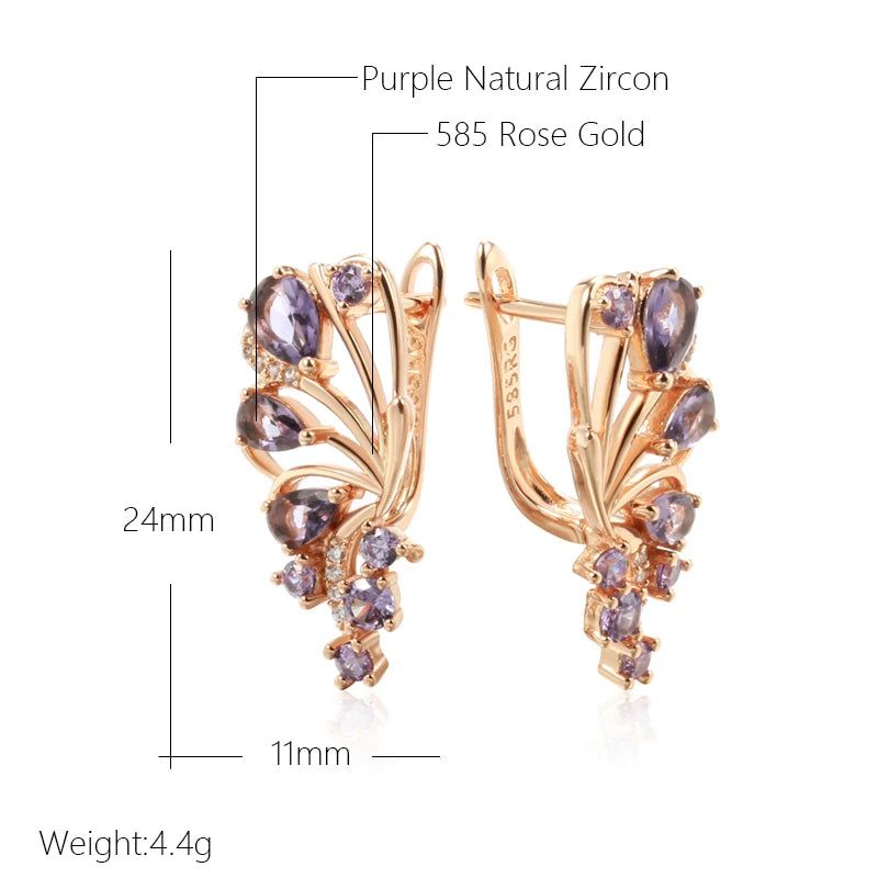 Tasteful Purple Butterfly Drop Earrings with Natural Zircon and 585 Rose Gold Finish