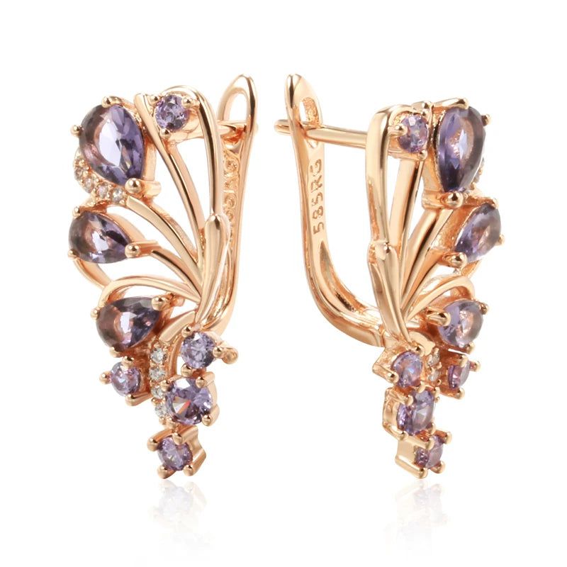 Tasteful Purple Butterfly Drop Earrings with Natural Zircon and 585 Rose Gold Finish