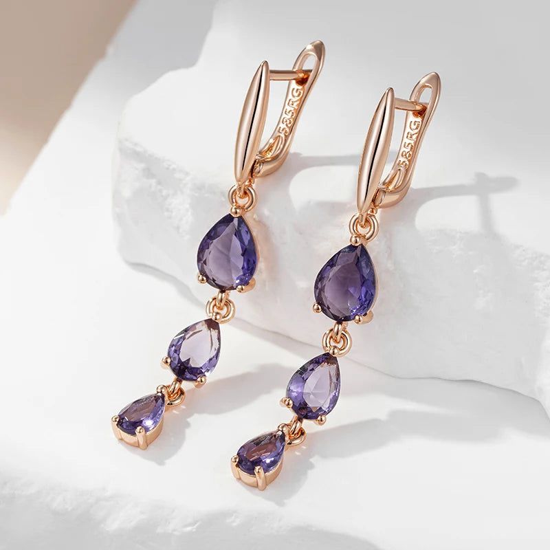 Tasteful Purple Natural Zircon Drop Earrings in 585 Rose Gold Finish