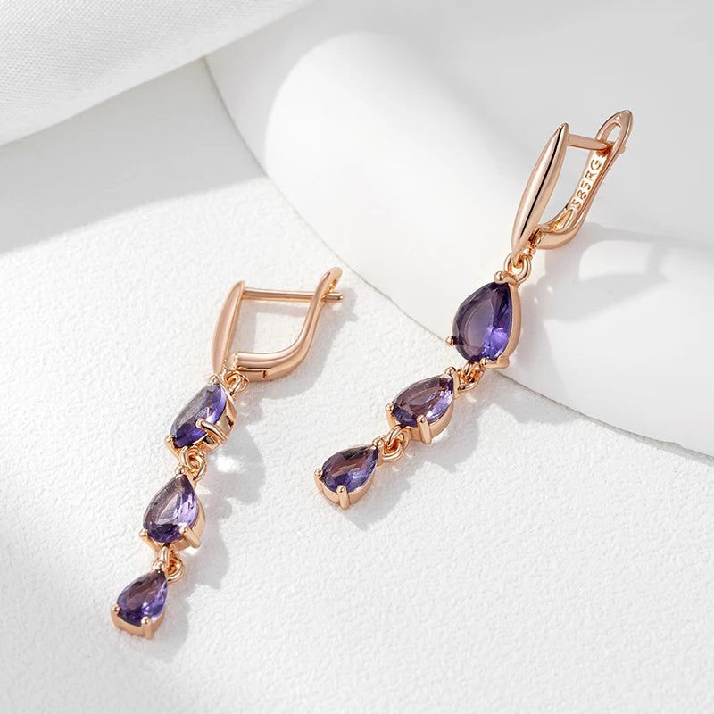 Tasteful Purple Natural Zircon Drop Earrings in 585 Rose Gold Finish