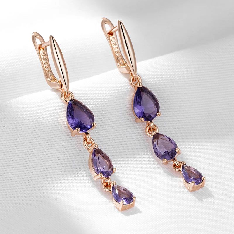 Tasteful Purple Natural Zircon Drop Earrings in 585 Rose Gold Finish