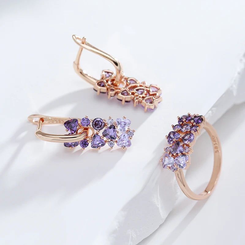 Tasteful Purple Natural Zircon Ring in 585 Rose Gold Finish - Vintage Style Jewelry Crystal