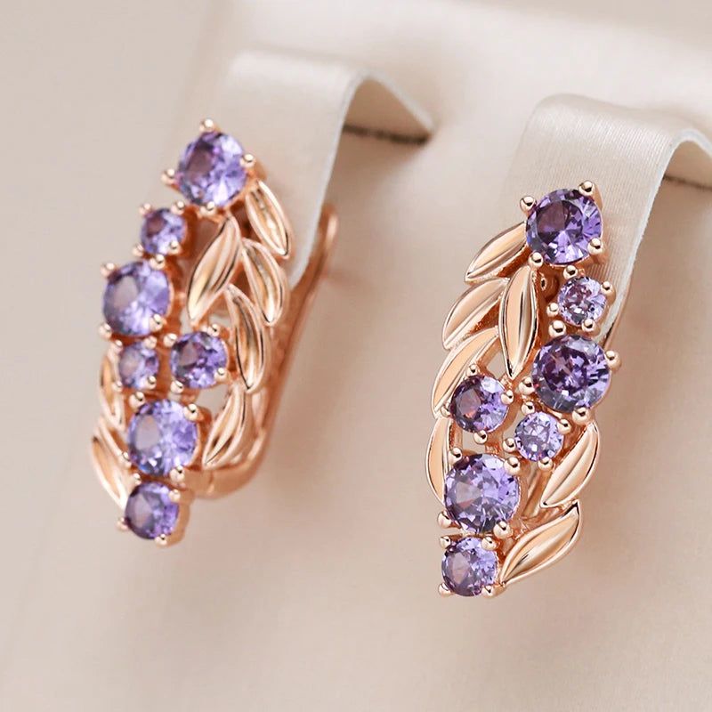 Tasteful Purple Zircon Dangle Earrings in Vintage Rose Gold Plating