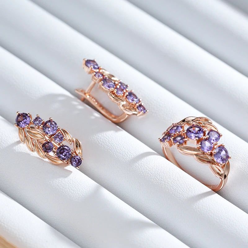 Tasteful Purple Zircon Dangle Earrings in Vintage Rose Gold Plating