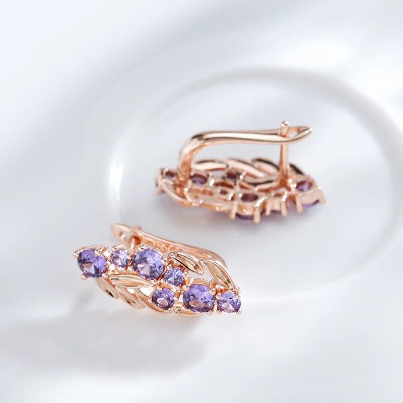 Tasteful Purple Zircon Dangle Earrings in Vintage Rose Gold Plating