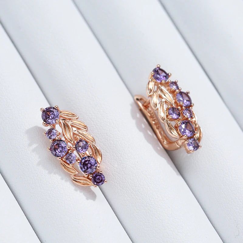 Tasteful Purple Zircon Dangle Earrings in Vintage Rose Gold Plating