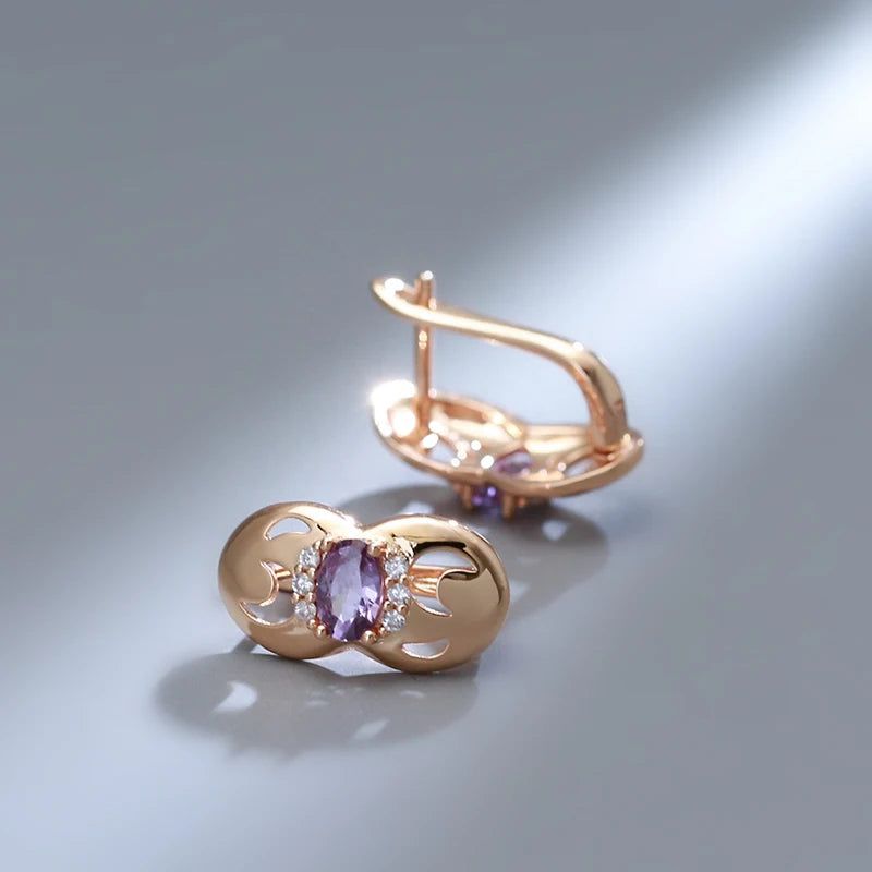 Tasteful Purple Zircon Drop Earrings in 585 Rose Gold Color Metal