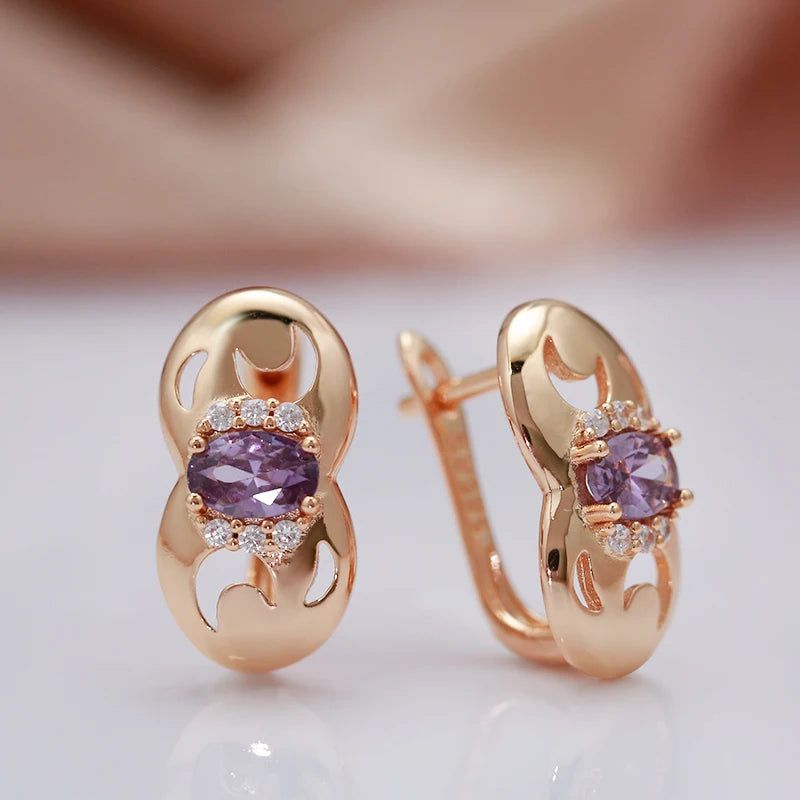 Tasteful Purple Zircon Drop Earrings in 585 Rose Gold Color Metal