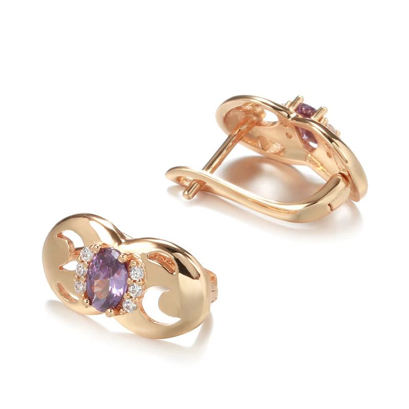 Tasteful Purple Zircon Drop Earrings in 585 Rose Gold Color Metal