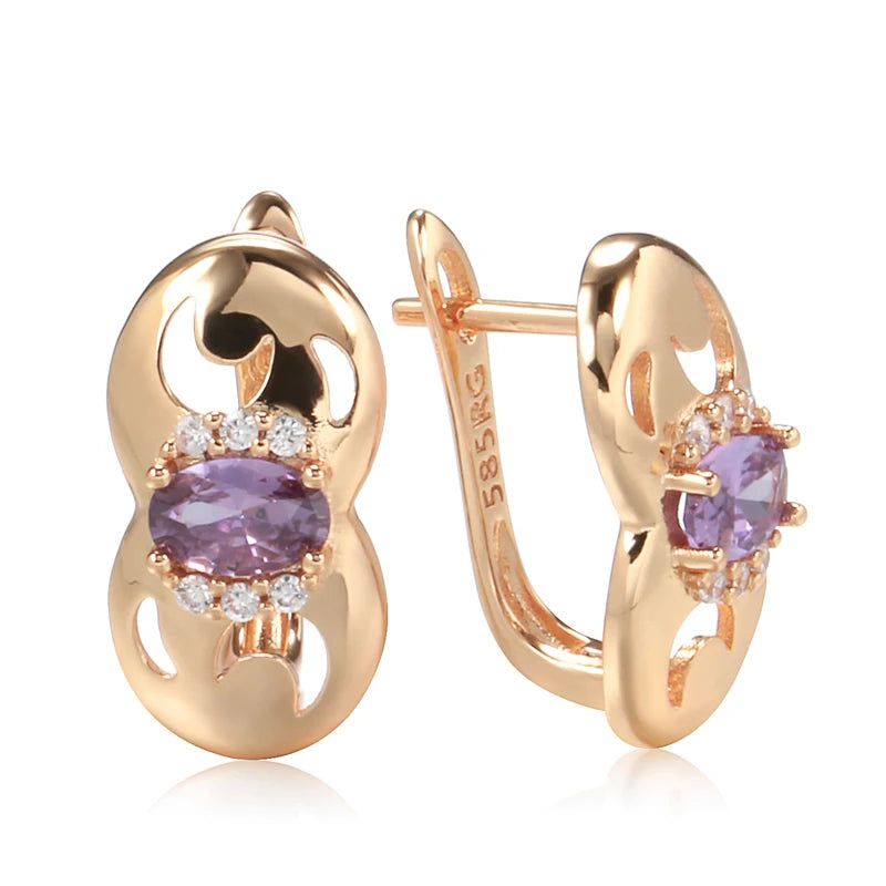 Tasteful Purple Zircon Drop Earrings in 585 Rose Gold Color Metal