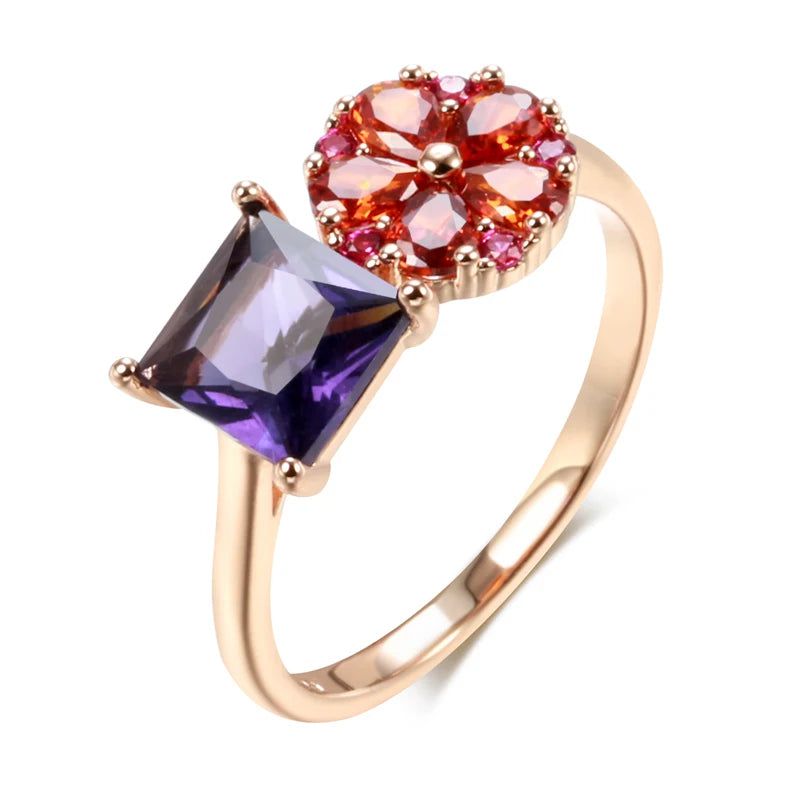 Tasteful Purple Zircon Flower Ring in 585 Rose Gold - Vintage Cocktail Jewelry