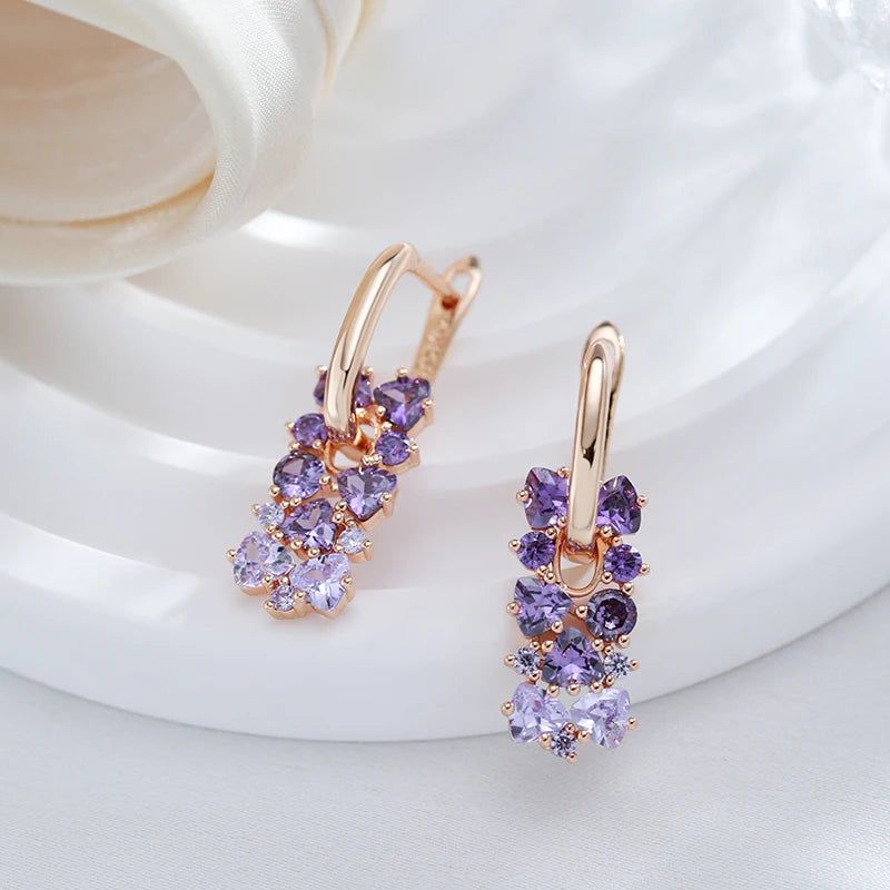 Tasteful Purple Zircon Geometric Drop Earrings in 585 Rose Gold Plating