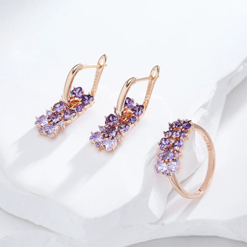 Tasteful Purple Zircon Geometric Drop Earrings in 585 Rose Gold Plating