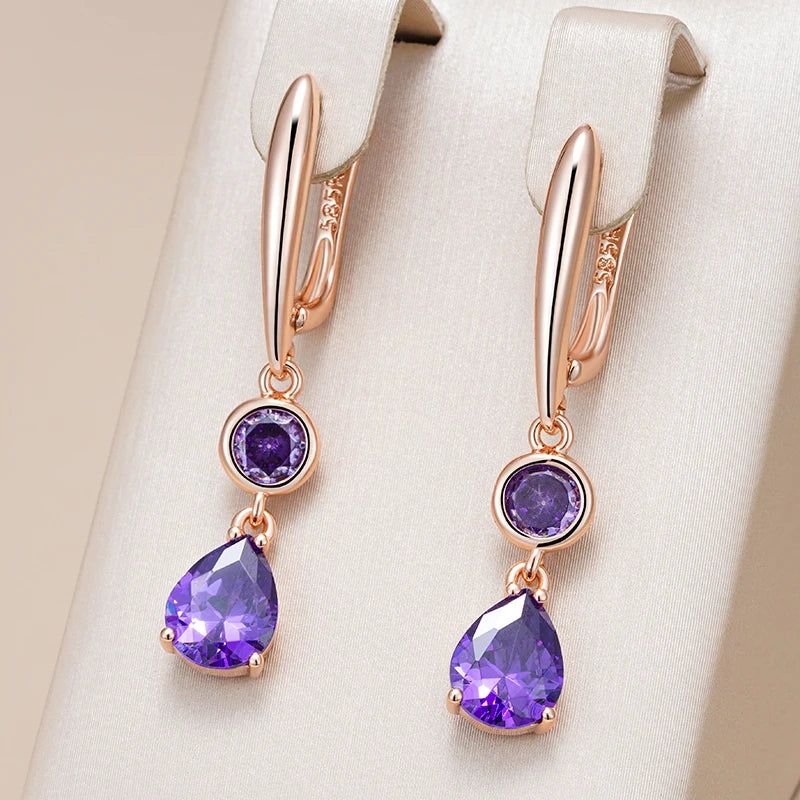 Tasteful Purple Zircon Long Dangle Earrings in Vintage Rose Gold Plating