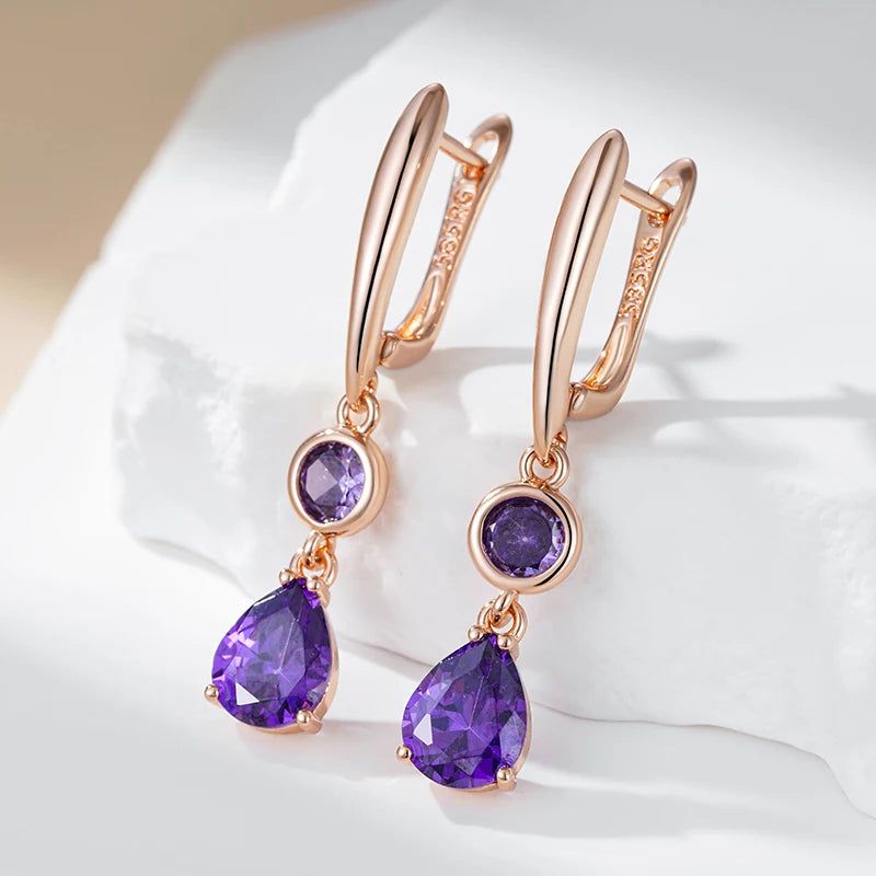 Tasteful Purple Zircon Long Dangle Earrings in Vintage Rose Gold Plating