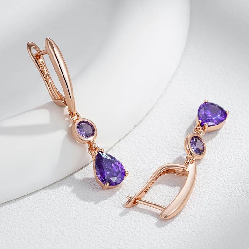 Tasteful Purple Zircon Long Dangle Earrings in Vintage Rose Gold Plating