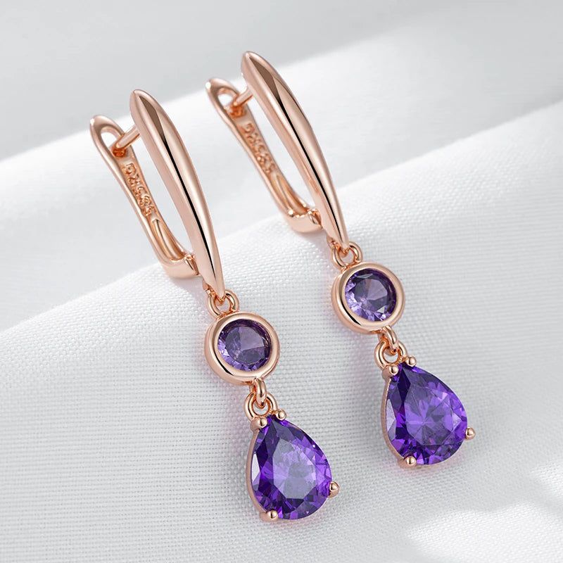 Tasteful Purple Zircon Long Dangle Earrings in Vintage Rose Gold Plating